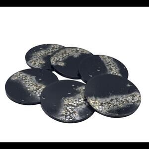 Handmade Black Resin Coasters with Silver Foil & Rhinestones | Set of 6